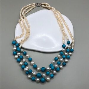 Danbury Mint Sterling Silver 925 Freshwater Pearls Turquoise 3 Strands Necklace.